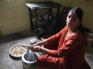 Every anganwari has a teacher and a helper. Here the helper is cooking the meal provided by the government for the children. Today it is wheat porridge with nutri nuggets. Government supplied food is stored and provided for mothers and children from the anganwari so we have also provided good storage boxes for them to prevent it getting spoiled.